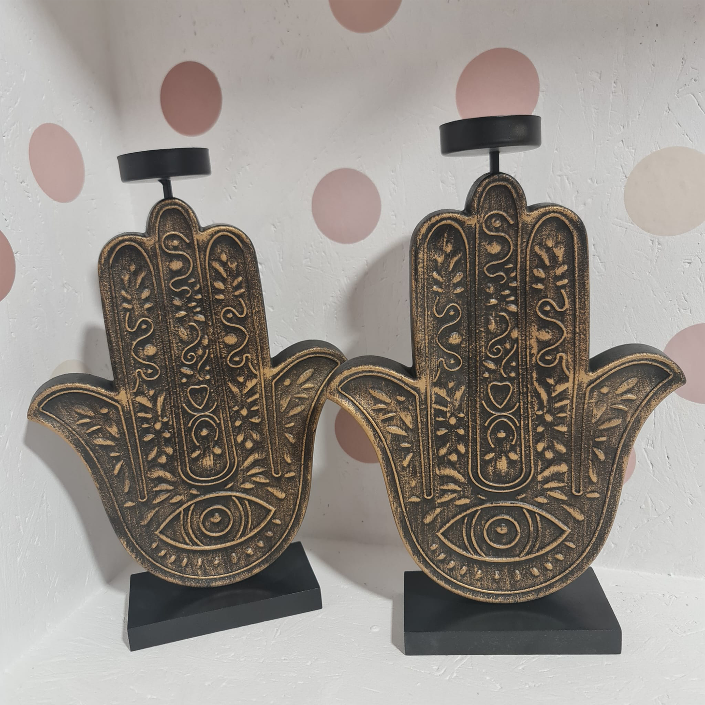 PORTAVELA DORADO DE MADERA: MANO DE FÁTIMA