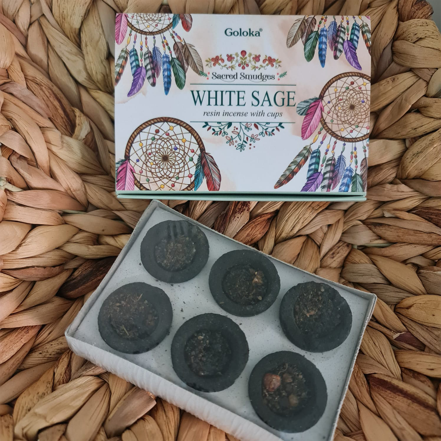 SALVIA BLANCA: PACK DE 6 COPAS DE CARBÓN CON RESINAS DE INCIENSO DE GOLOKA