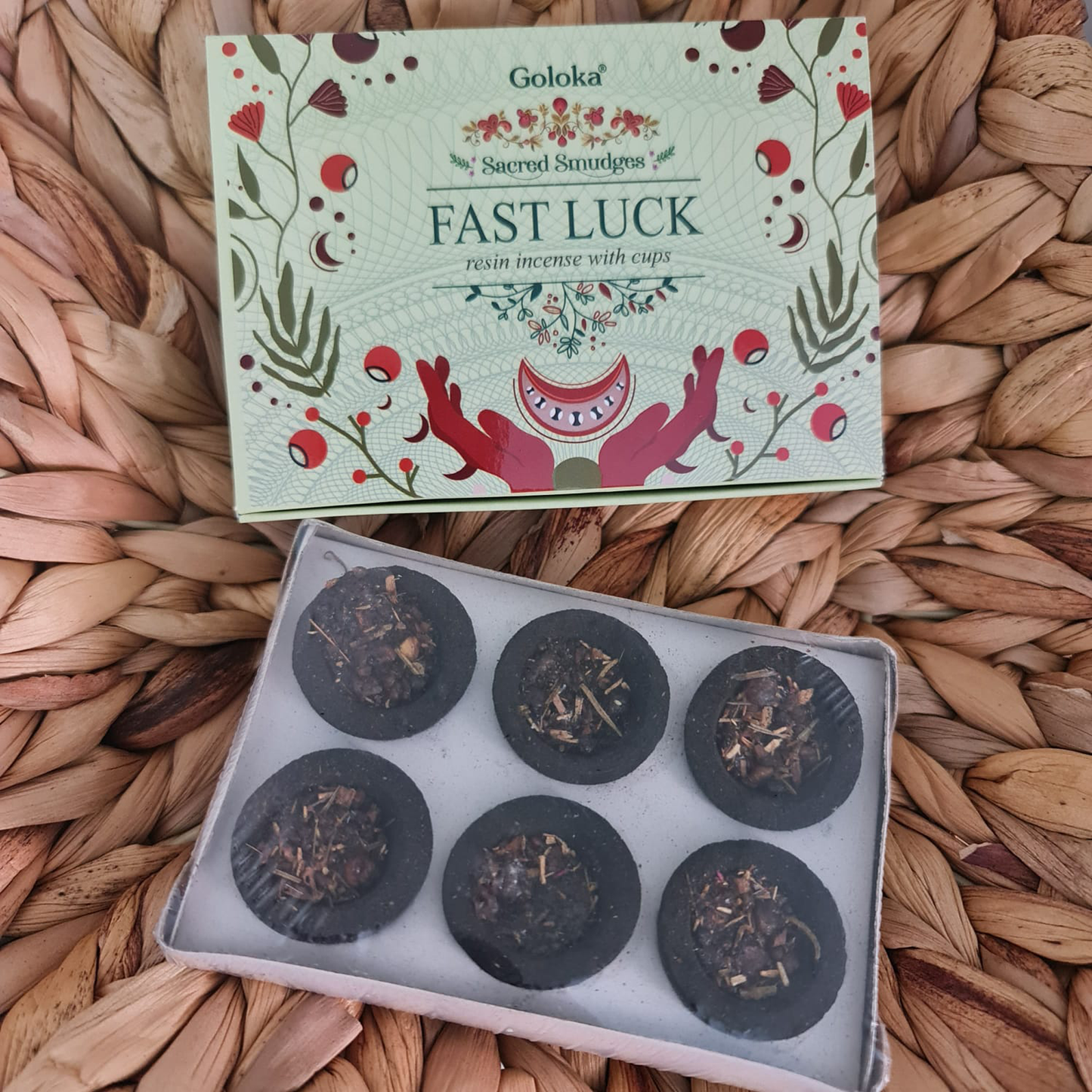 SUERTE RAPIDA: PACK DE 6 COPAS DE CARBÓN CON RESINAS DE INCIENSO DE GOLOKA