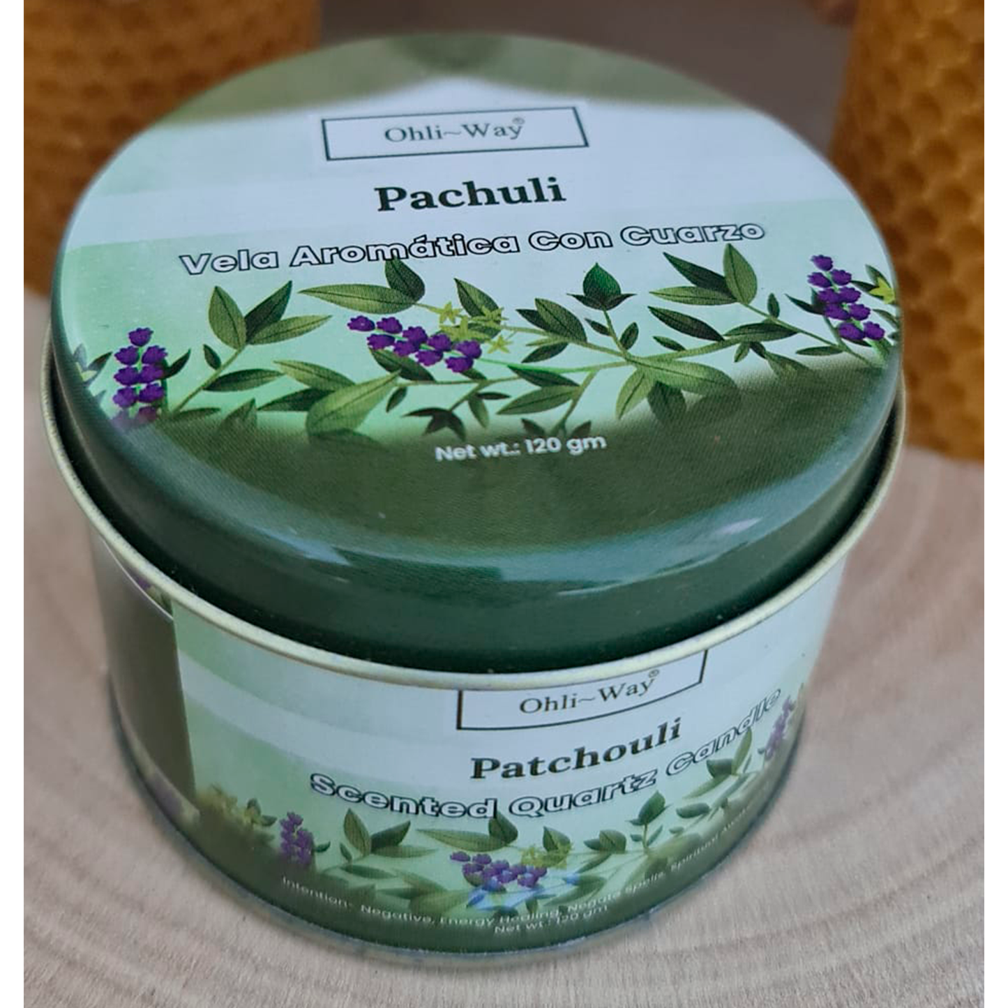 VELA AROMÁTICA EN LATA: PACHULI CON CUARZOS