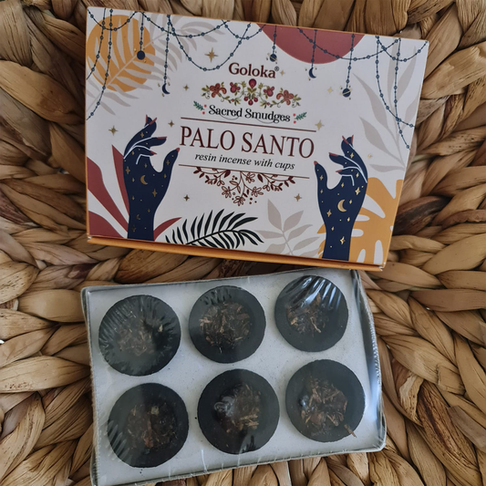 PALO SANTO: PACK DE 6 COPAS DE CARBÓN CON RESINAS DE INCIENSO DE GOLOKA