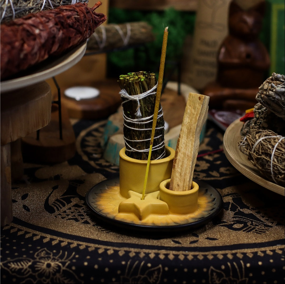 SOPORTE DE CERÁMICA PARA PALO SANTO Y ATADOS-MANDALA-(ARENA Y GRIS)