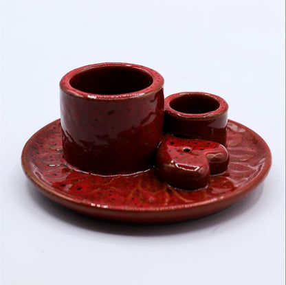 SOPORTE DE CERÁMICA PARA PALO SANTO Y ATADOS-MANDALA-( ROJO CON CORAZÓN BRILLANTE)