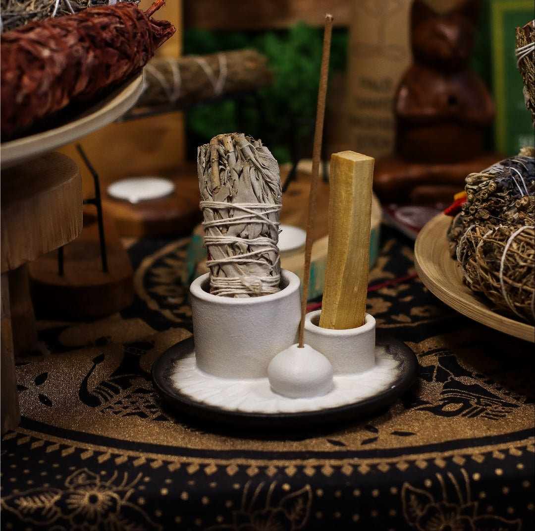 SOPORTE DE CERÁMICA PARA PALO SANTO Y ATADOS-MANDALA-(BLANCO Y GRIS)