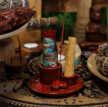 SOPORTE DE CERÁMICA PARA PALO SANTO Y ATADOS-MANDALA-( ROJO CON CORAZÓN BRILLANTE)